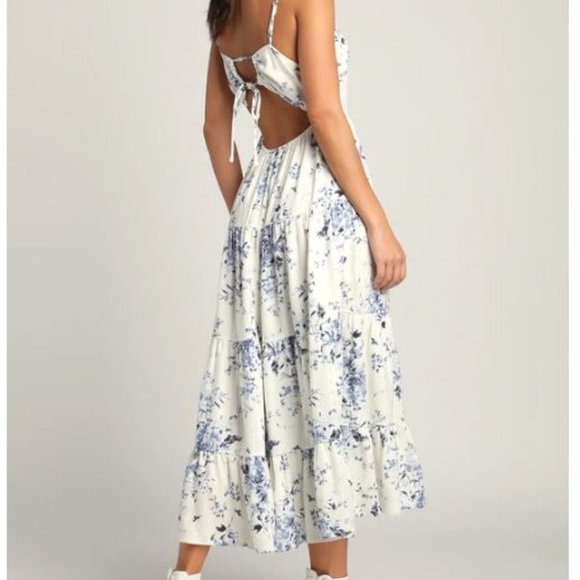 Mykonos Mood Ivory Floral Print Tie-Strap Tiered Midi Dress Lulus - Picture 2 of 4